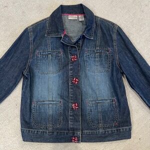 Chicos Denim Jacket Embellished Pink Floral Button Front Jean‎ Jacket